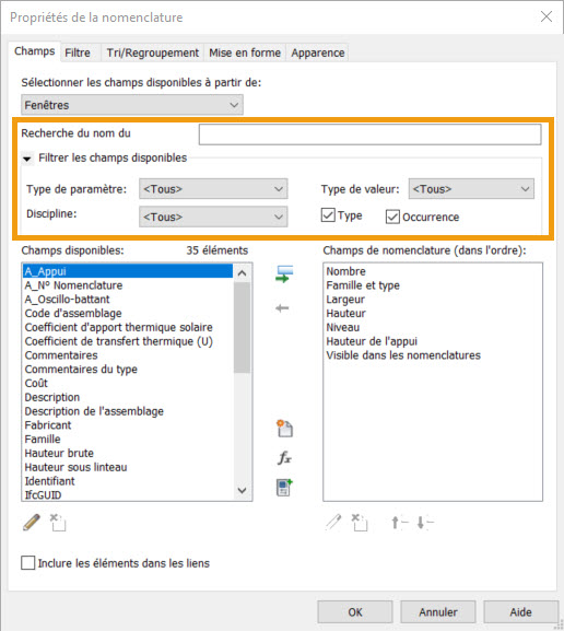 Revit 2022 Nomenclature Filtrer les champs